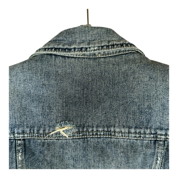 Free People Distressed Denim Jean Jacket With Gray Knit Long Sleeves Size XS - Picture 10 of 13
